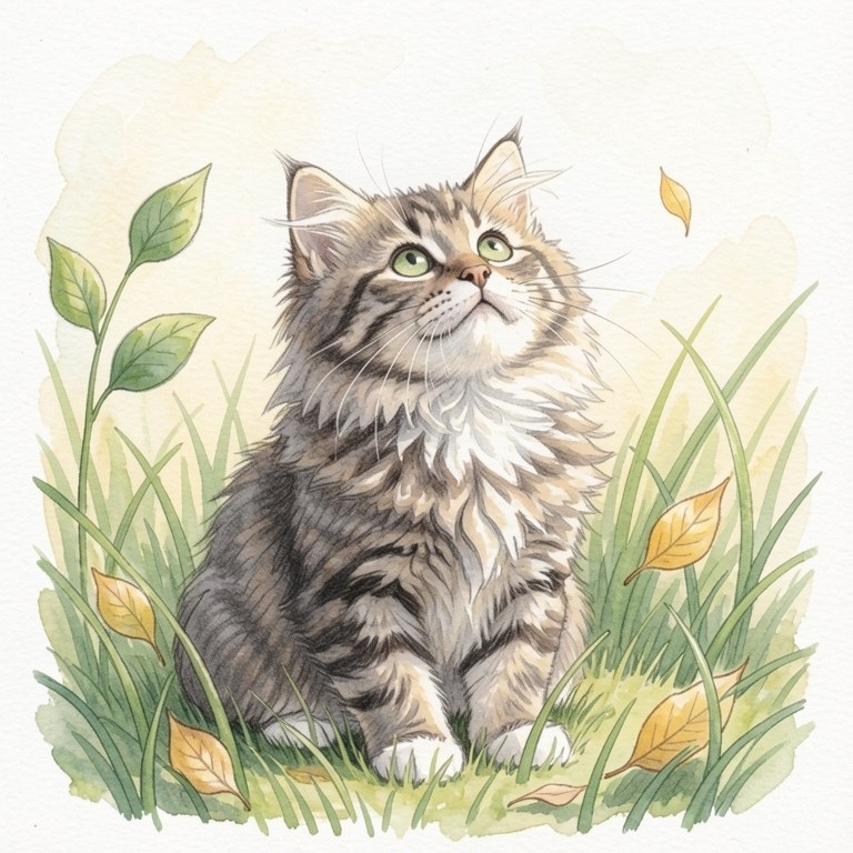 Drawing of Mo in the grass, in a pencil and watercolour style.